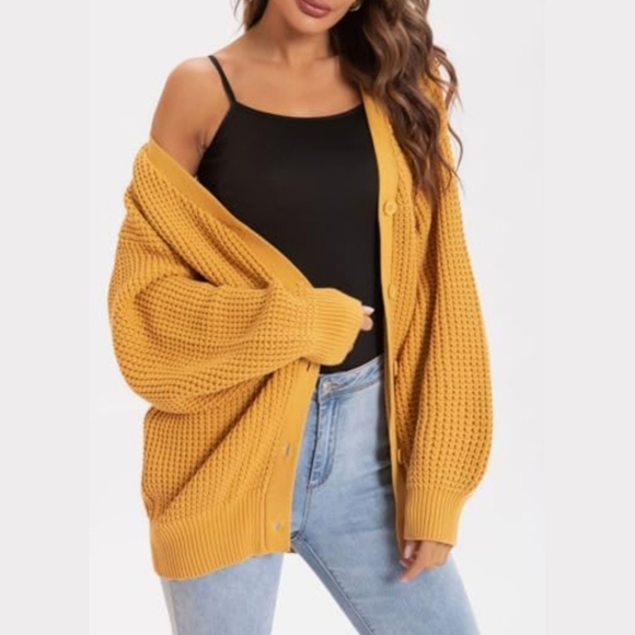 QUALFORT Oversized Mustard Cardigan M Cotton Grandpa Chunky Knit Sweater Jacket - Picture 11 of 14